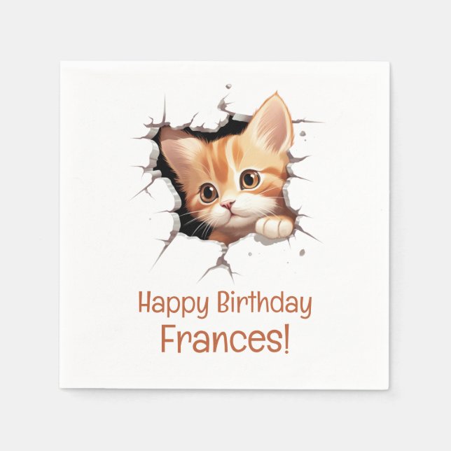 Cute Kitten Peeking Happy Birthday Napkin (Front)