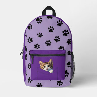 Cute Kitten Peeking Purple Paw Print Backpack