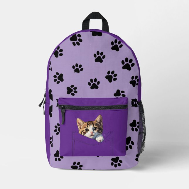 Cute Kitten Peeking Purple Paw Print Backpack (Front)