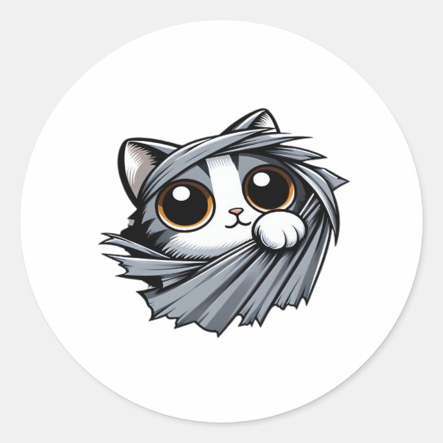 Cute Kitten Peeking Through Torn Cloth Classic Round Sticker (Front)