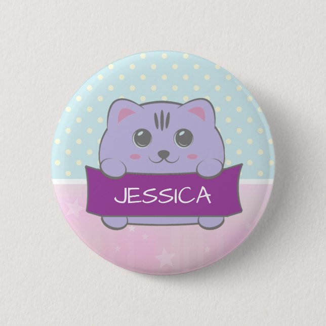 Cute Kitten Personalised Polka Dot 2 Inch Round Button (Front)
