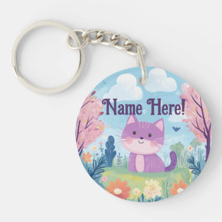 Cute Kitten Personalized Name Purple Cat Keychain