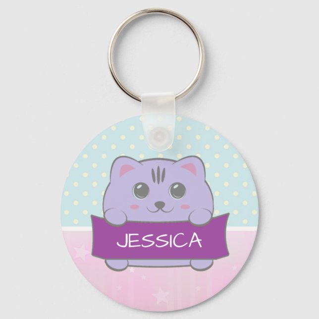 Cute Kitten Personalized Polka Dot Keychain (Front)