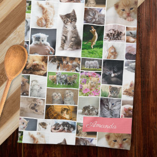 Cute Kitten Photo Montage Coral Pink Cat Pattern Kitchen Towel