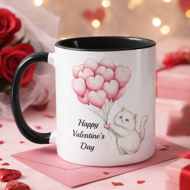 Cute Kitten Pink Heart Balloons Valentine’s Day Mug (Creator Uploaded)
