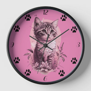 Cute Kitten Pink Wall Clock with Black Cat Paw 