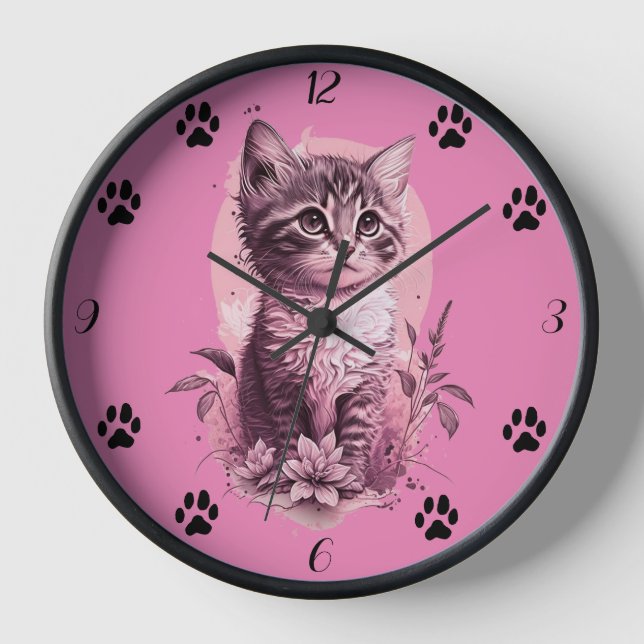 Cute Kitten Pink Wall Clock with Black Cat Paw  (Front)