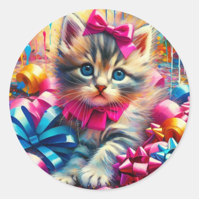 Cute Kitten Playing in Birthday Bows  Classic Round Sticker (Front)