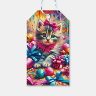 Cute Kitten Playing in Birthday Bows Gift Tags
