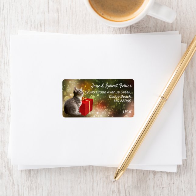 Cute kitten red giftbox colourful festive custom label (Insitu)