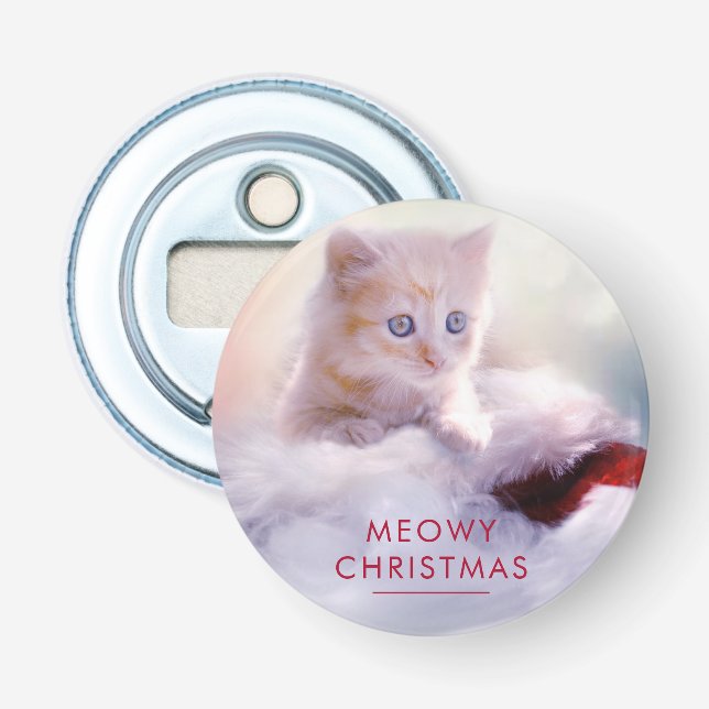 Cute Kitten Resting On a Santa Hat Meowy Christmas Bottle Opener (Front)