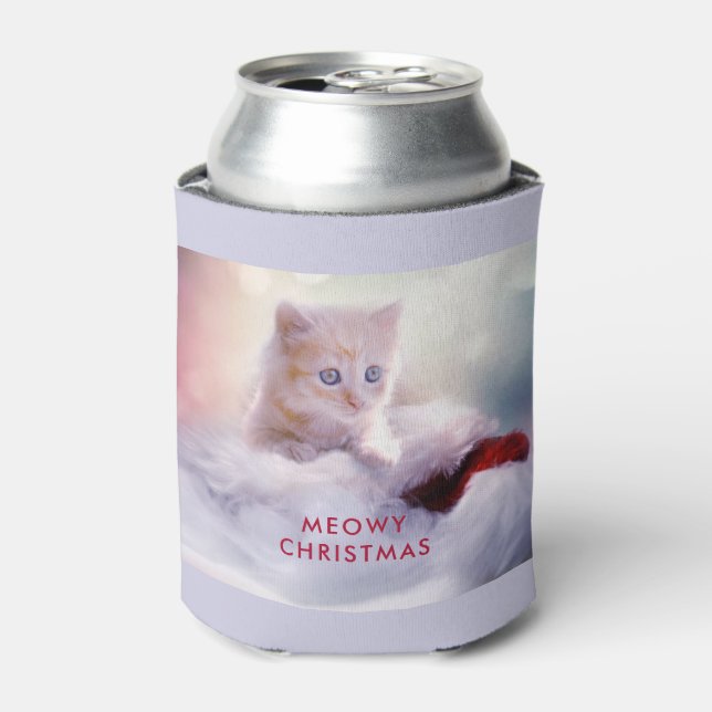 Cute Kitten Resting On a Santa Hat Meowy Christmas Can Cooler (Can Front)