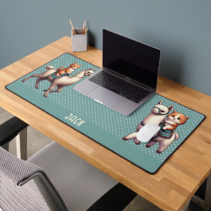 Cute Kitten Riding Fluffy Llama Personalized Name Desk Mat