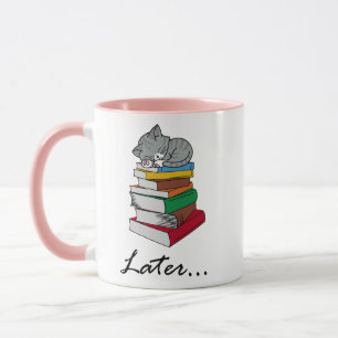 Cute kitten sleeping on a stack of Books - Later Mug