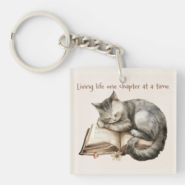 Cute Kitten Sleeping on Open Book Gift Keychain (Front)