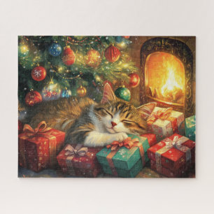 Cute kitten sleeping under a Christmas tree Jigsaw Puzzle