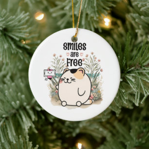 Cute Kitten "Smiles Are Free" Whimsical Christmas Ceramic Ornament