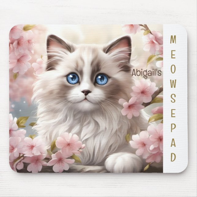 Cute Kitten Spring Pink Sakura Name Mousepad (Front)