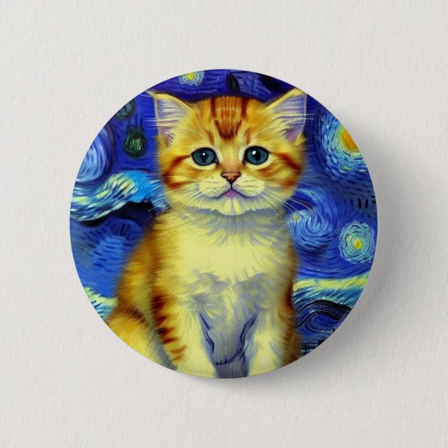 Cute Kitten Starry Night Van Gogh 2 Inch Round Button (Front)