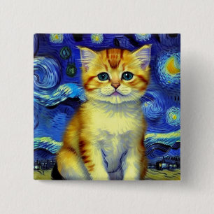 Cute Kitten Starry Night Van Gogh 2 Inch Square Button