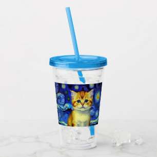 Cute Kitten Starry Night Van Gogh Acrylic Tumbler