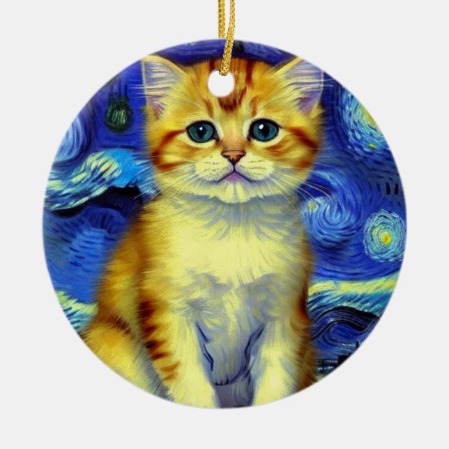 Cute Kitten Starry Night Van Gogh Ceramic Ornament (Front)