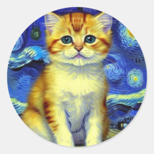 Cute Kitten Starry Night Van Gogh Classic Round Sticker