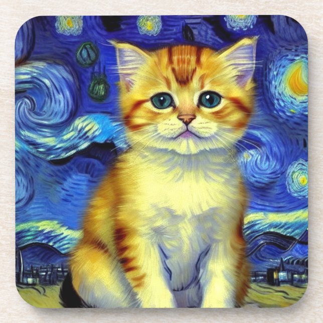 Cute Kitten Starry Night Van Gogh Coaster (Front)