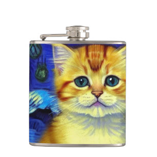 Cute Kitten Starry Night Van Gogh Hip Flask