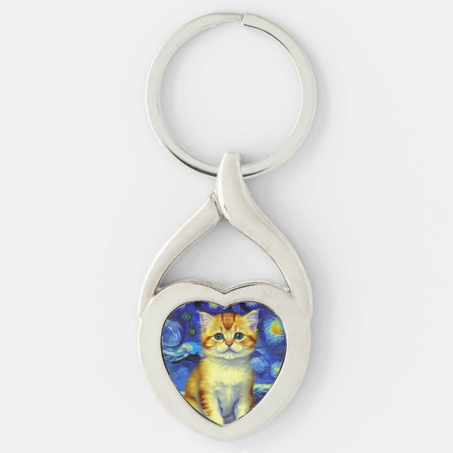 Cute Kitten Starry Night Van Gogh Keychain (Front)