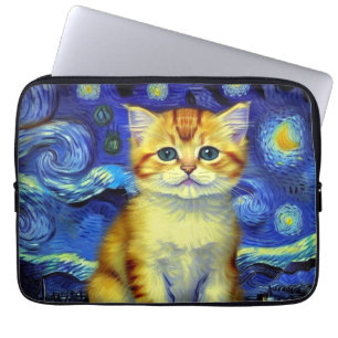 Cute Kitten Starry Night Van Gogh Laptop Sleeve