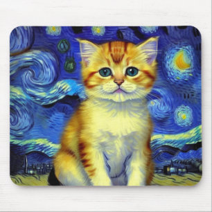 Cute Kitten Starry Night Van Gogh Mouse Pad