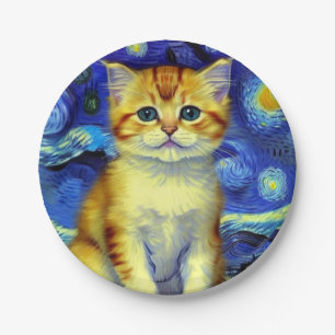 Cute Kitten Starry Night Van Gogh Paper Plate