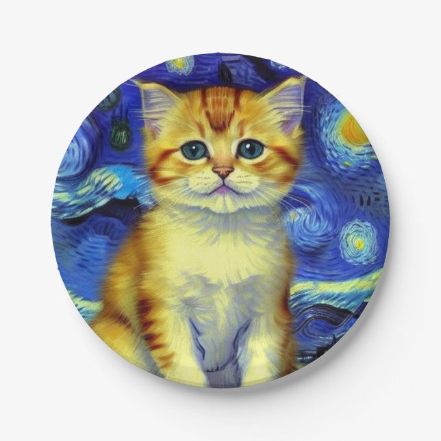 Cute Kitten Starry Night Van Gogh Paper Plate (Front)