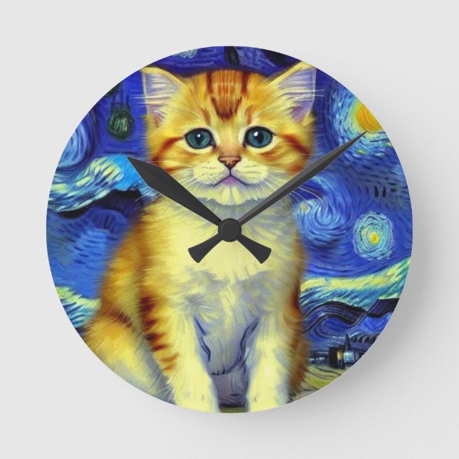 Cute Kitten Starry Night Van Gogh Round Clock (Front)
