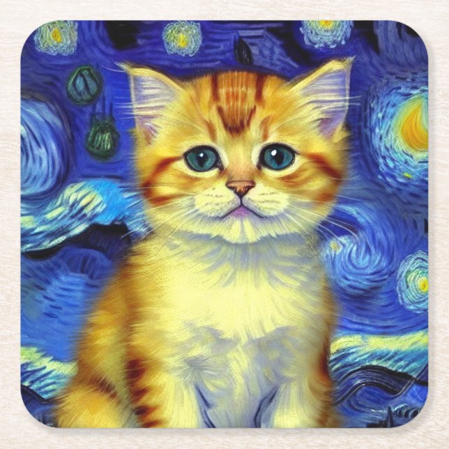 Cute Kitten Starry Night Van Gogh Square Paper Coaster (Front)