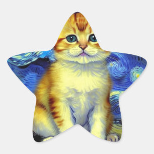 Cute Kitten Starry Night Van Gogh Star Sticker