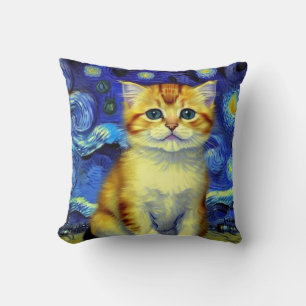Cute Kitten Starry Night Van Gogh Throw Pillow
