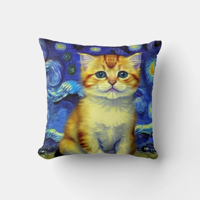 Cute Kitten Starry Night Van Gogh Throw Pillow (Front)