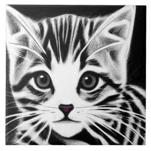 Cute kitten striped black white tile
