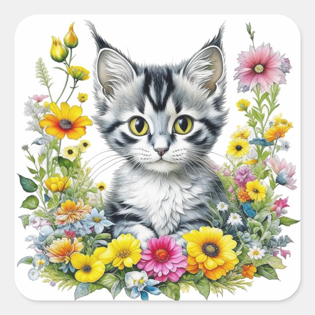 Cute Kitten Surrounded by Flowers  Square Sticker (Front)