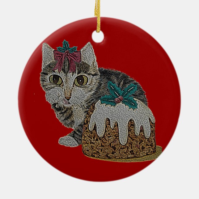 cute kitten tabby cat eating pudding at christmas ceramic ornament (Back)
