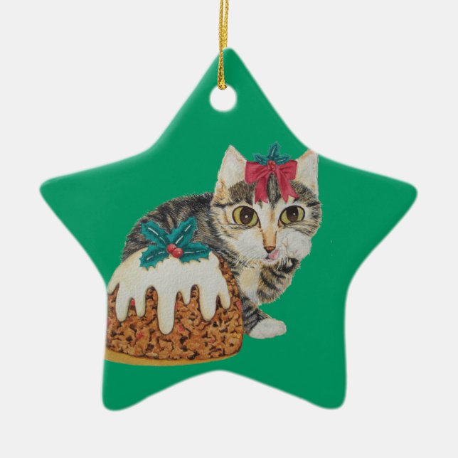 cute kitten tabby cat eating pudding at christmas ceramic ornament (Front)