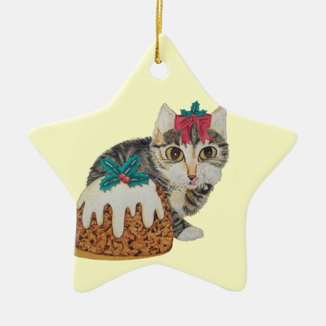 cute kitten tabby cat eating pudding at christmas ceramic ornament (Front)