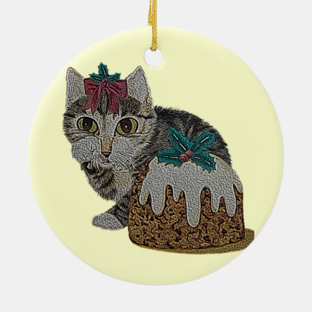 cute kitten tabby cat eating pudding at christmas ceramic ornament (Back)