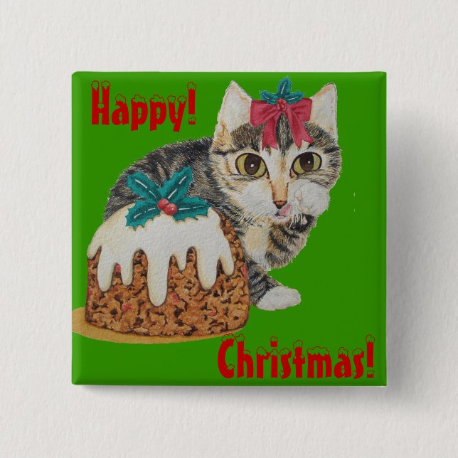 cute kitten tabby cat eating pudding for christmas 2 inch square button (Front)