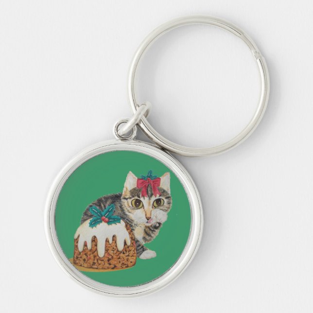 cute kitten tabby cat eating pudding for christmas keychain (Front)