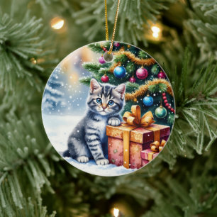 Cute Kitten Under Christmas Tree Ceramic Ornament