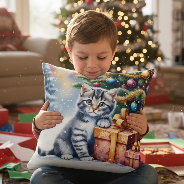 Cute Kitten Under Christmas Tree Throw Pillow (Creator Uploaded)
