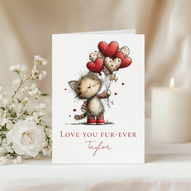 Cute Kitten Valentine Card – Love You Fur-Ever (Cute Kitten Valentine Card – Love You Fur-Ever on a table with white flowers)